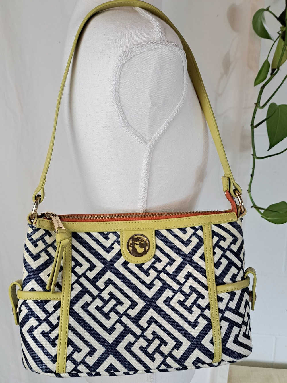 Spartina 449 Haig Linen Geometric Print And Lime Green Leather Shoulder Bag